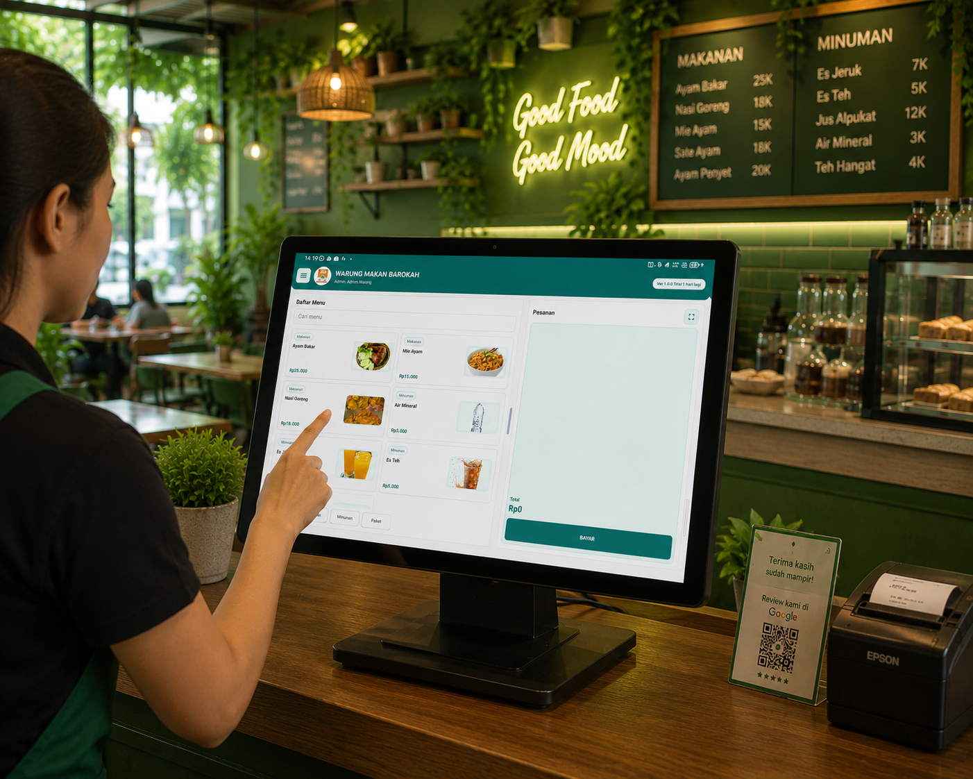 Pengguna memilih menu di aplikasi SIPAT pada meja kasir rumah makan